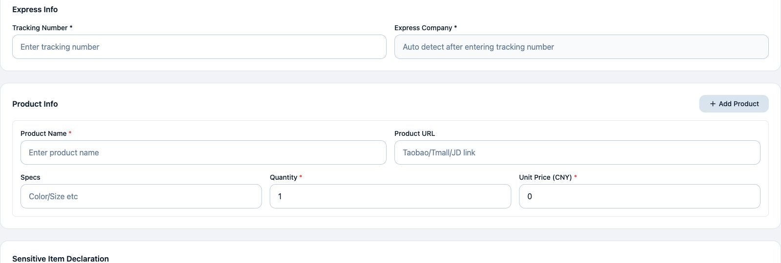 Actual ShipVida customer interface