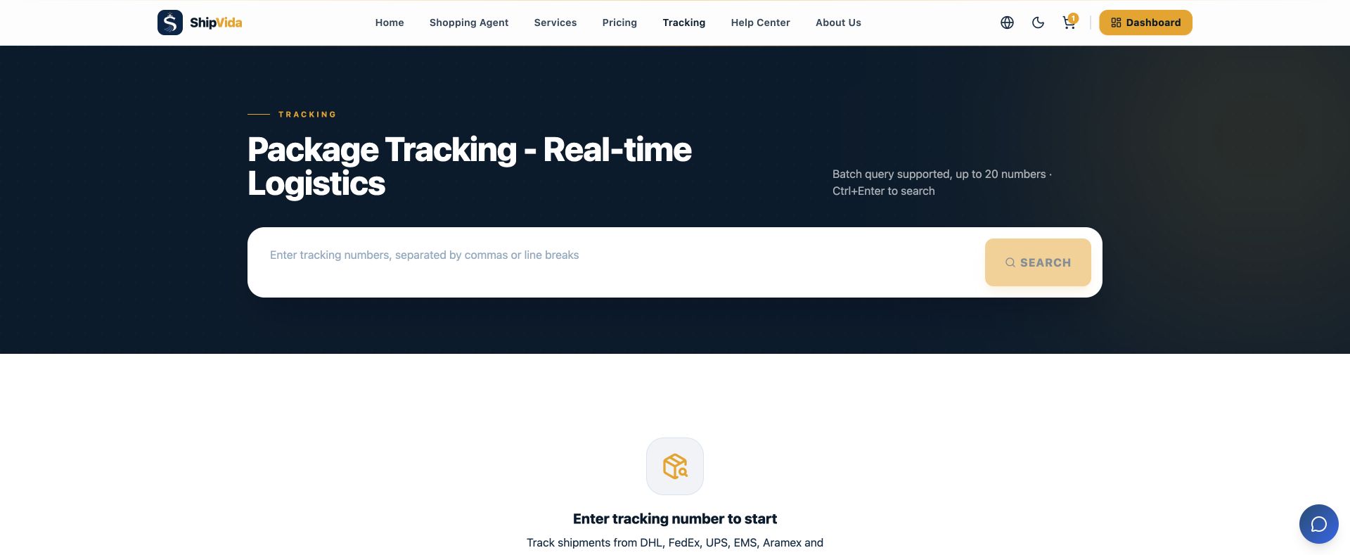 Actual ShipVida tracking page in English